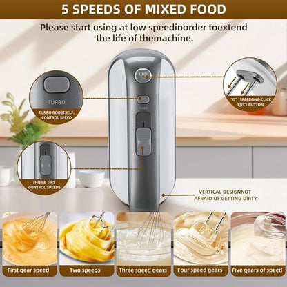 GELANGS 400W Hand Mixer - Turbo Boost, 5-Speed Control, Copper Motor | 3 Dishwasher-Safe Attachments