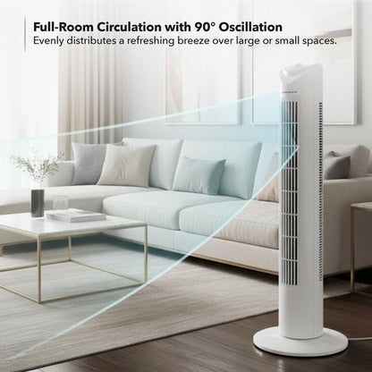 OVENTE 32" Tower Fan for Bedroom, Portable Stand Fan with 90° Oscillation, Adjustable Speed, Compact and Slim Manual Bladeless Indoor Fan Ideal for Cooling Home with Kids or Office, White TFO3SW