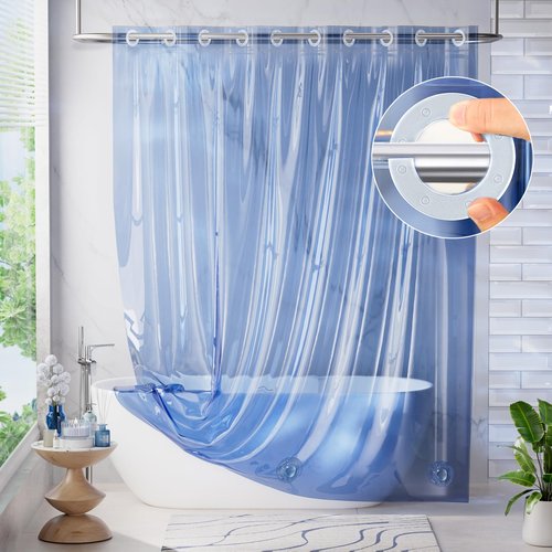 AmazerBath No Hook Shower Curtain and Liner 3-in-1, Luxury Heavy Duty Clear Blue No Hook Shower Liner, 72x75 100% EVA Hookless Shower Curtain with 3 Heavyweight Stones
