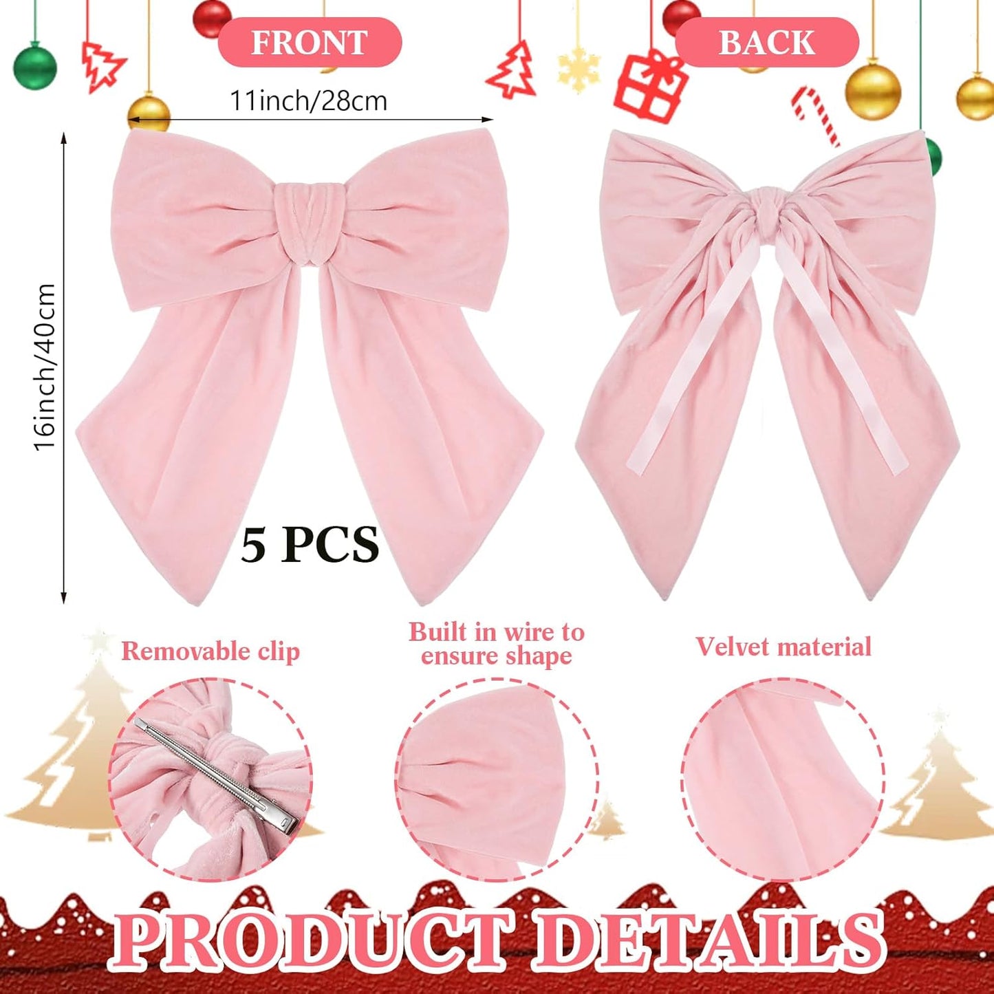 Riceshoot Velvet Bows - 5 Pcs Large 11'' x 16'' Pre-Tied Ribbon for Valentine's Day Gift Wrapping | Light Pink