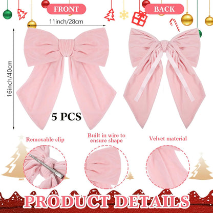 Riceshoot Velvet Bows - 5 Pcs Large 11'' x 16'' Pre-Tied Ribbon for Valentine's Day Gift Wrapping | Light Pink