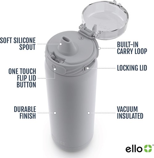 Ello Cooper 32oz Stainless Steel Water Bottle - Double Walled, Vacuum Insulated, Leak Proof | Grey