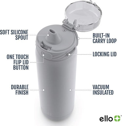 Ello Cooper 32oz Stainless Steel Water Bottle - Double Walled, Vacuum Insulated, Leak Proof | Grey