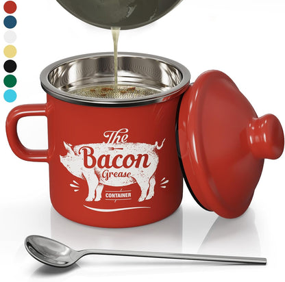 PGYARD Mini Bacon Grease Container - 15oz Enamel Strainer for Kitchen Fat Storage | Dishwasher Safe - Red