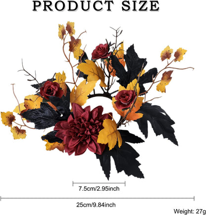Regine Switzerland Halloween Candle Rings - Red Flowers & Artificial Maple Leaves Wreath | Perfect for Party Centerpieces