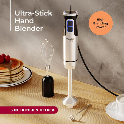 MuellerLiving Ultra-Stick Immersion Hand Blender - 500W Heavy Duty Motor, 8-Speed Turbo, Includes Whisk & Milk Frother