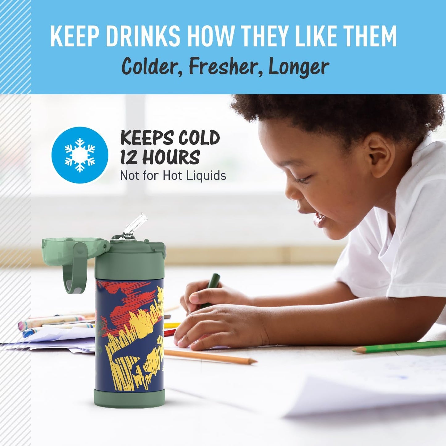 THERMOS FUNTAINER Water Bottle - 12 Ounce Kids Stainless Steel Vacuum Insulated with Straw | Dinosaurs Design