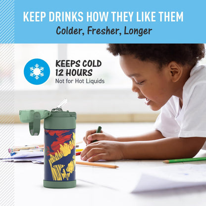 THERMOS FUNTAINER Water Bottle - 12 Ounce Kids Stainless Steel Vacuum Insulated with Straw | Dinosaurs Design