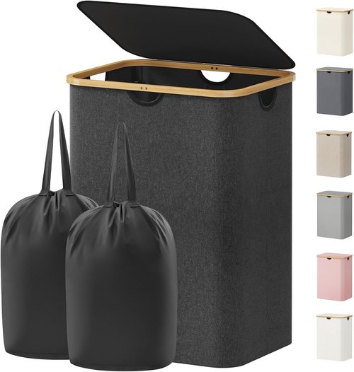 Lifewit 150L Laundry Basket - Foldable Hamper with Lid & Bamboo Handles | Dark Gray, Large Size