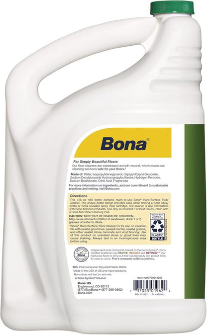 Bona Multi-Surface Floor Cleaner Refill - 128 Fl Oz - Lemon Mint | Residue-Free Solution for Stone, Tile, Laminate & Vinyl Floors