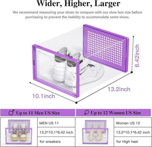Kuject X-Large Shoe Storage Boxes - Clear Plastic Stackable 12 Pack for Sneakers & Toys | Purple