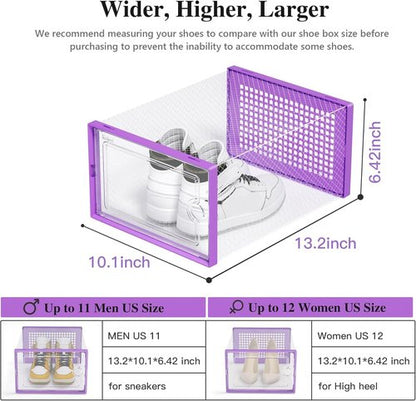 Kuject X-Large Shoe Storage Boxes - Clear Plastic Stackable 12 Pack for Sneakers & Toys | Purple
