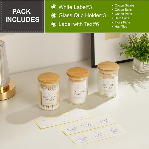 INIUNIK Qtip Holder Dispenser - Glass Apothecary Jars with Lids | Bamboo Bathroom Organizer Set
