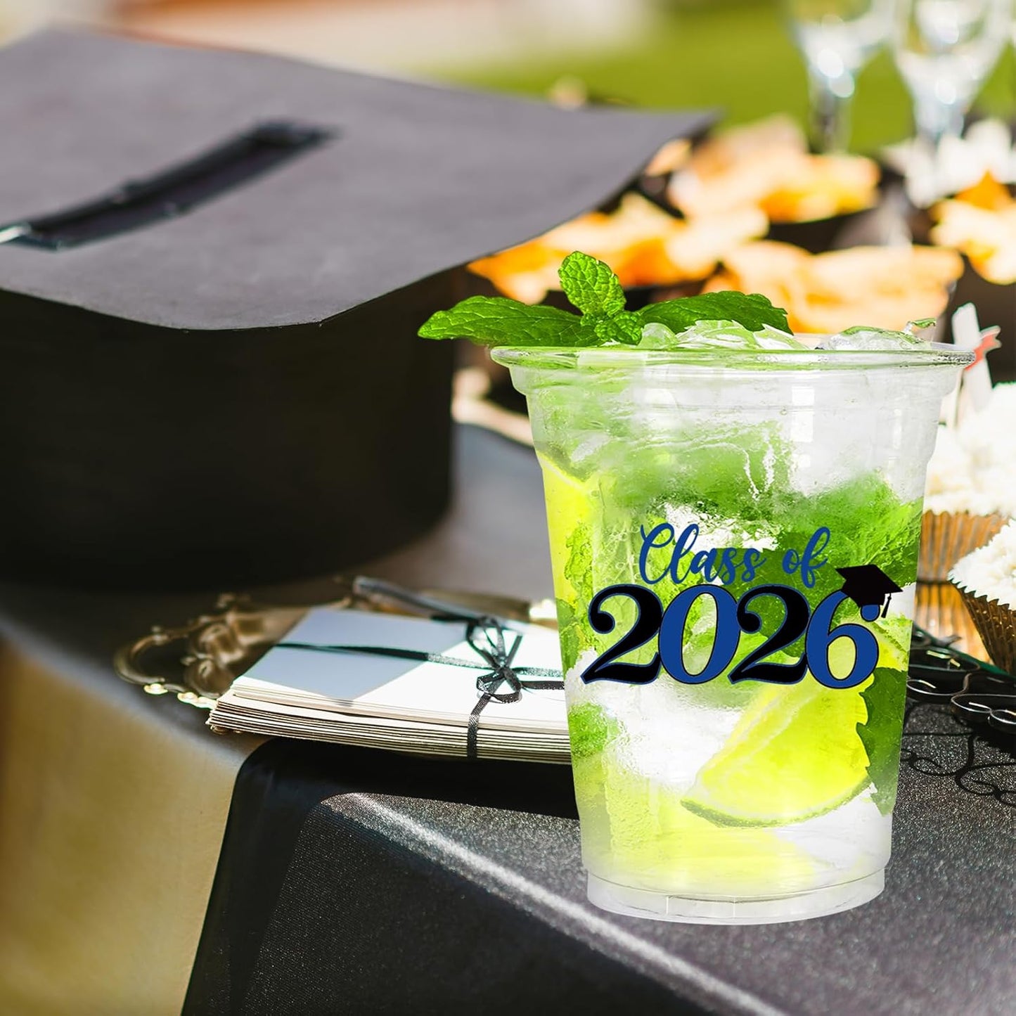 Whaline 50Pcs Graduation Plastic Cups - 12 Oz Congrats Grad Tableware in Black & Blue