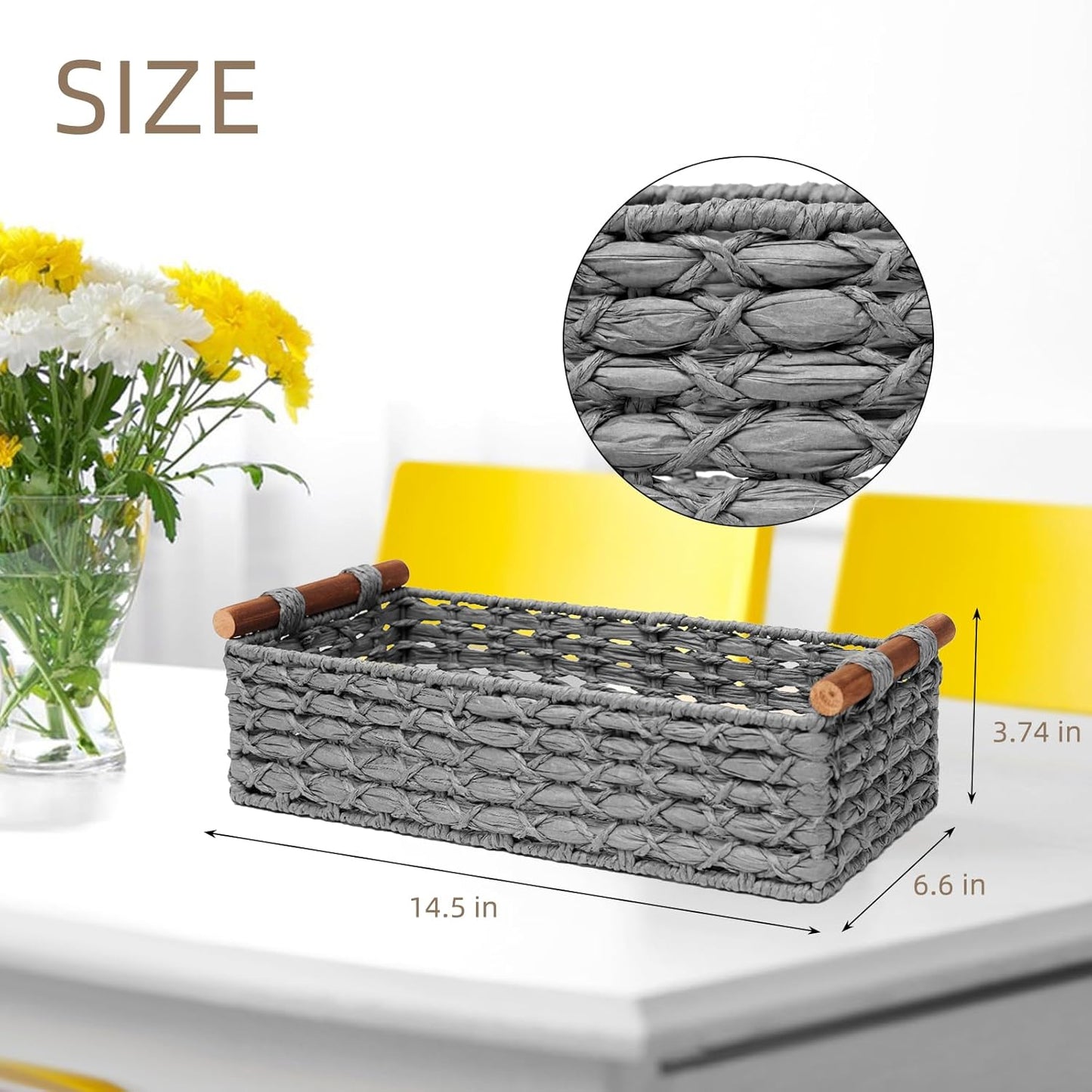Skiennix Small Wicker Storage Basket - Decorative Organizing Bin with Handle | Light Grey