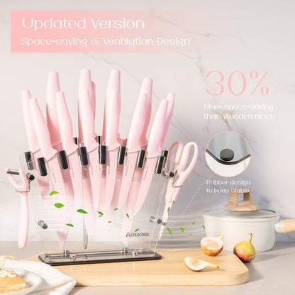 Astercook Kitchen Knife Set with Block and Sharpener 22 Piece German High Carbon Stainless Steel Knives Sharp Blade Dishwasher Safe Knife Set with Anti-slip Ergonomic Handle, Crystal Pink
