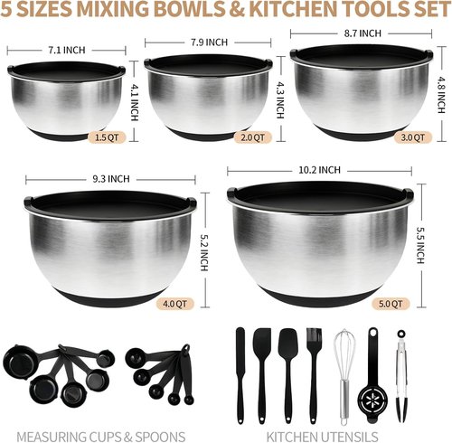 Deedro Premium Mixing Bowls Set - 22Pcs Thicker Stainless Steel with Airtight Lids | Non-Slip Silicone Base, Black