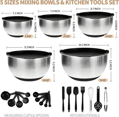 Deedro Premium Mixing Bowls Set - 22Pcs Thicker Stainless Steel with Airtight Lids | Non-Slip Silicone Base, Black