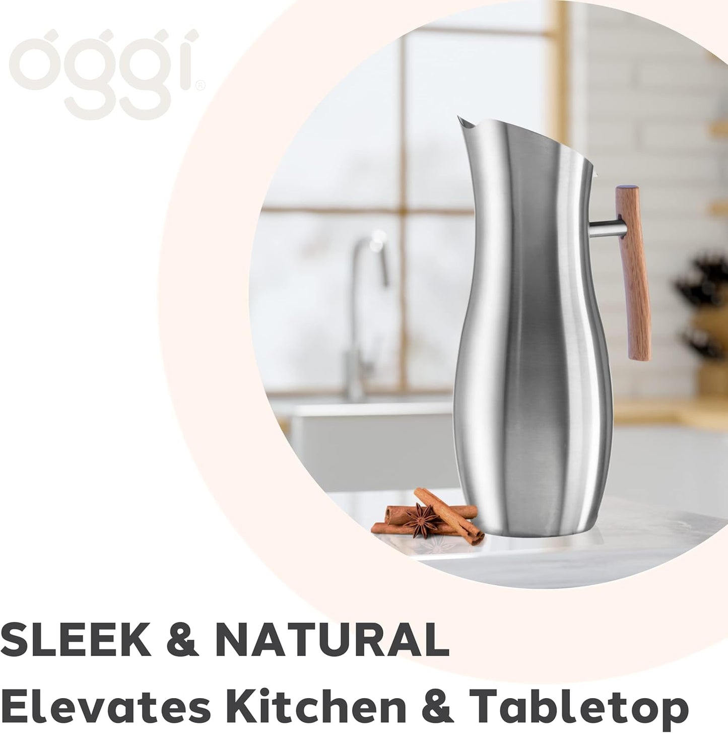 OGGI Slimline Stainless Steel Pitcher- Stainless Steel Water w/Ice Guard, Water Carafe, Great Metal Container for Entertaining, Ideal 68oz / 2 Lt Drink Pitcher