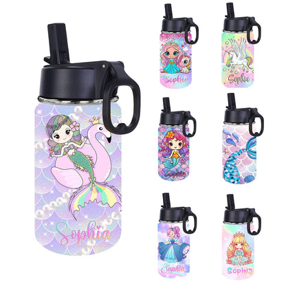 Personalized Kids Water Bottle with Straw Custom Mermaid Rainbow Fish Scales Water Cup with Kids Name Customized Mermaid Water Bottle Gift for Girls Daughter Granddaughter Child School Birthday 12oz