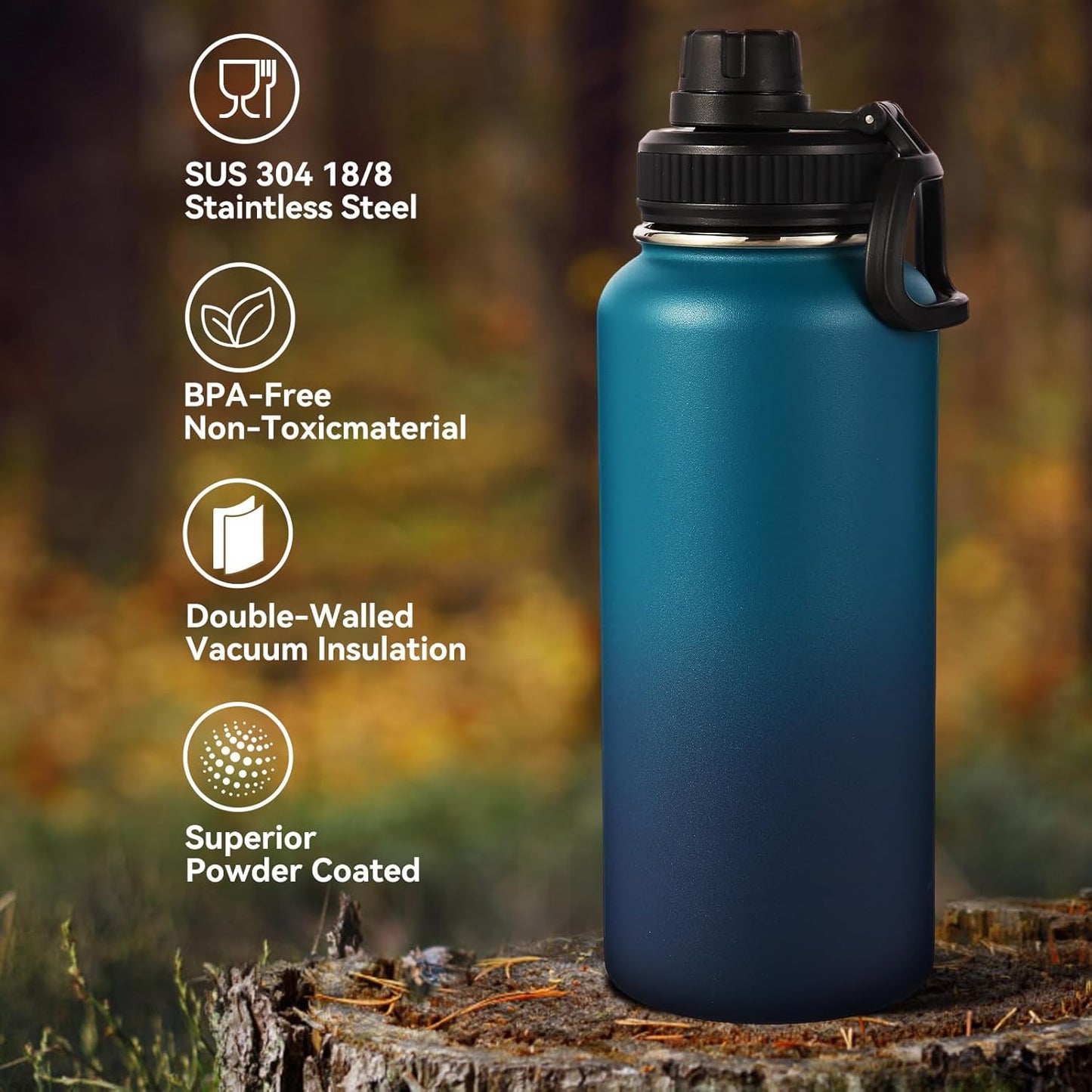 Neihepal 32 Oz Insulated Water Bottle - 18/8 Stainless Steel with Straw & Spout Lids | Dark Night