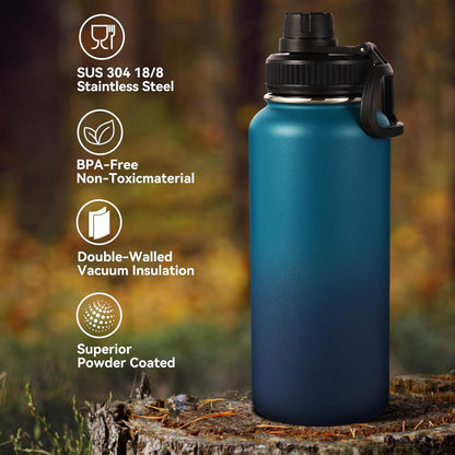 Neihepal 32 Oz Insulated Water Bottle - 18/8 Stainless Steel with Straw & Spout Lids | Dark Night