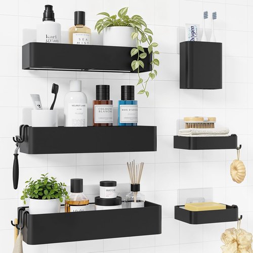 Kitsure Shower Caddy Adhesive - No-Drill Bathroom Organizer with Soap Holder & Hooks | Large Black 6-Pack