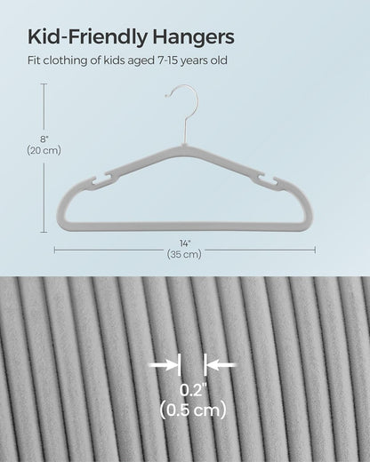 SONGMICS Kids Hangers - 50 Pack Non-Slip Velvet Baby Hangers | Space-Saving Design, Dove Gray, 14 x 8 Inches
