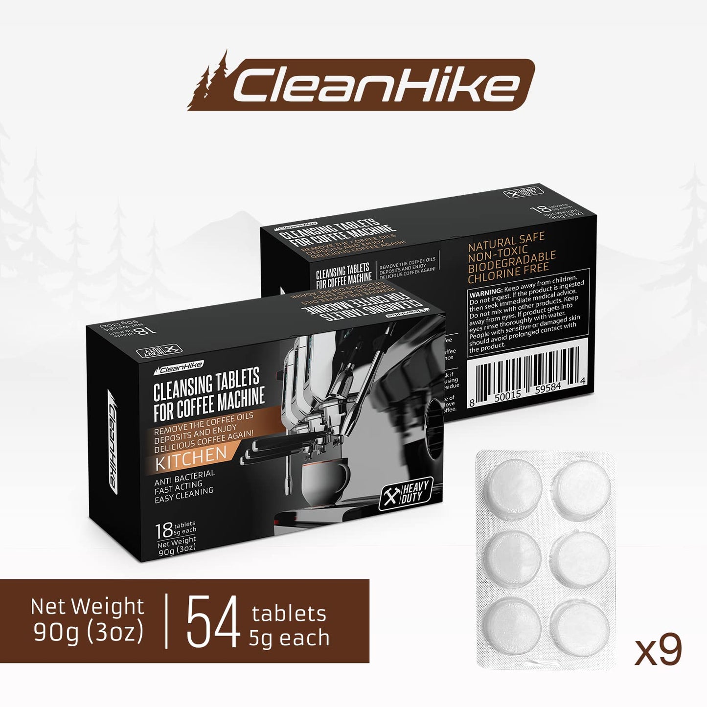 CleanHike Espresso Machine Cleaning Tablets - (Heavy Duty 54 Tabs) For Breville, Jura, Miele, and Universal Coffee Machine for All Brands - Professional Coffee Grease and Residue Cleaner for Baristas