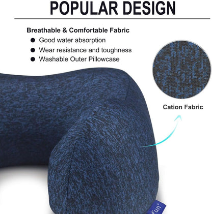 Napfun Travel Neck Pillow - Upgraded 100% Pure Memory Foam for Airplane Comfort | Portable Blue Headrest