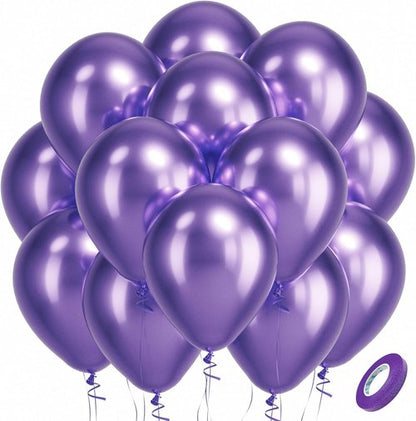 Bezente Metallic Purple Latex Party Balloons - 100 Pack of 12-Inch Chrome Balloons for Celebrations