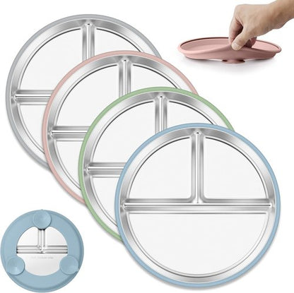 E-far Stainless Steel Toddler Plates - 9" Non-Slip Suction Plates, 4-Pack Divided Baby Dishes, Dishwasher Safe