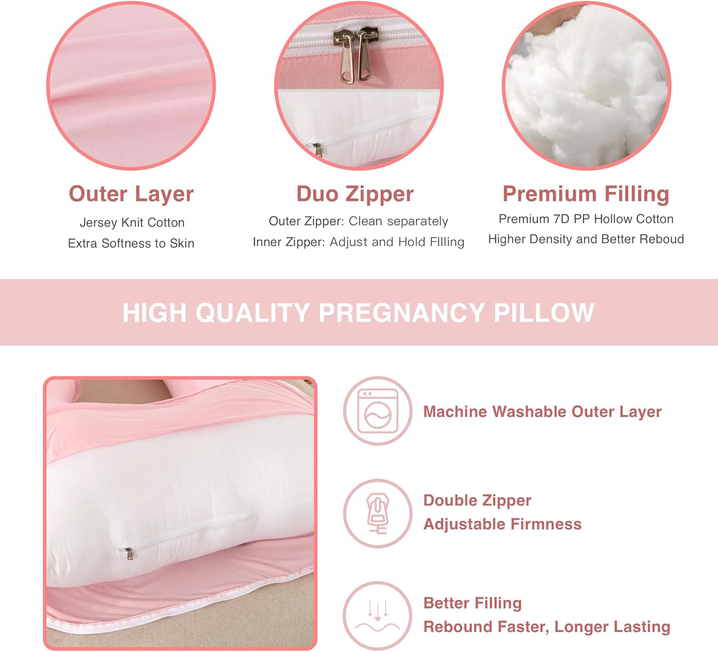 ALLOPERA Pregnancy Pillow - Full Body 57-Inch Maternity Support for Back, Neck & Belly | Pink Milk Fiber Cover