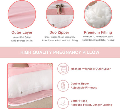 ALLOPERA Pregnancy Pillow - Full Body 57-Inch Maternity Support for Back, Neck & Belly | Pink Milk Fiber Cover