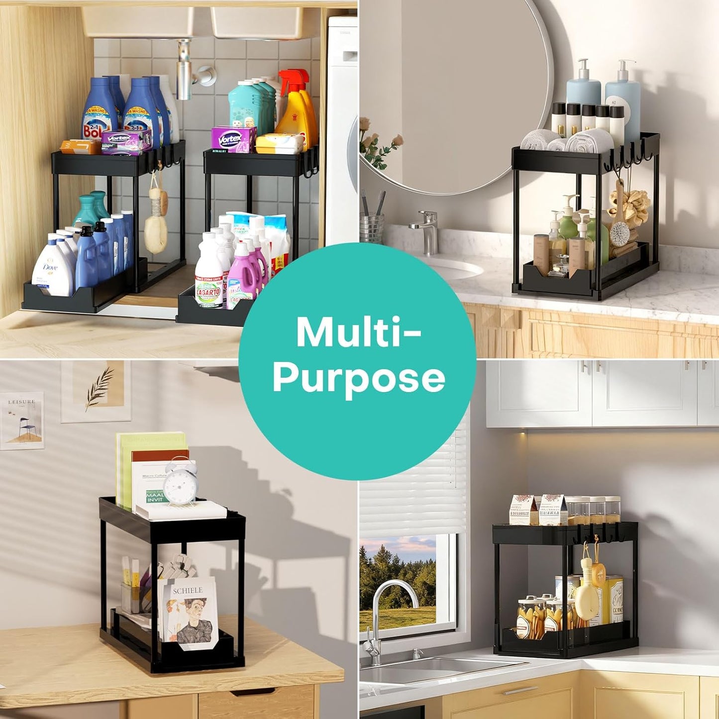Under Sink Organizers by [Brand Name] - 2 Pack Pull-Out Sliding Cabinet Organizer with 2-Tier Storage Shelf & 4 Hooks | Multi-Purpose for Kitchen & Bathroom (13 Inch, Black)