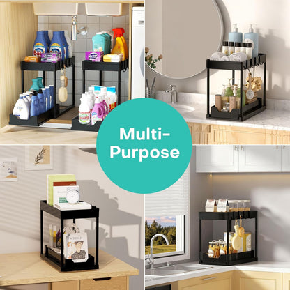 Under Sink Organizers by [Brand Name] - 2 Pack Pull-Out Sliding Cabinet Organizer with 2-Tier Storage Shelf & 4 Hooks | Multi-Purpose for Kitchen & Bathroom (13 Inch, Black)
