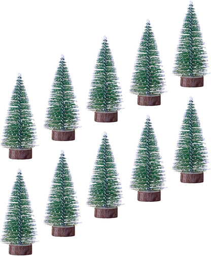 Skiennix 10-Pack Mini Christmas Bottle Brush Trees - 4-Inch Snowy Ornaments with Wooden Base for Festive Decor
