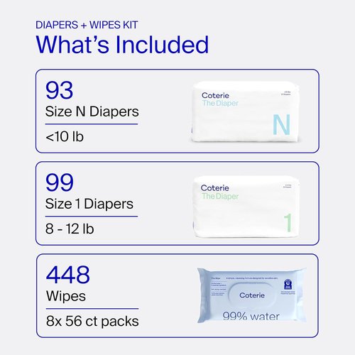 Coterie Baby Wipes & Diapers Kit - Size 1 (99 Count) & Newborn (93 Count) | Hypoallergenic, Plant-Based