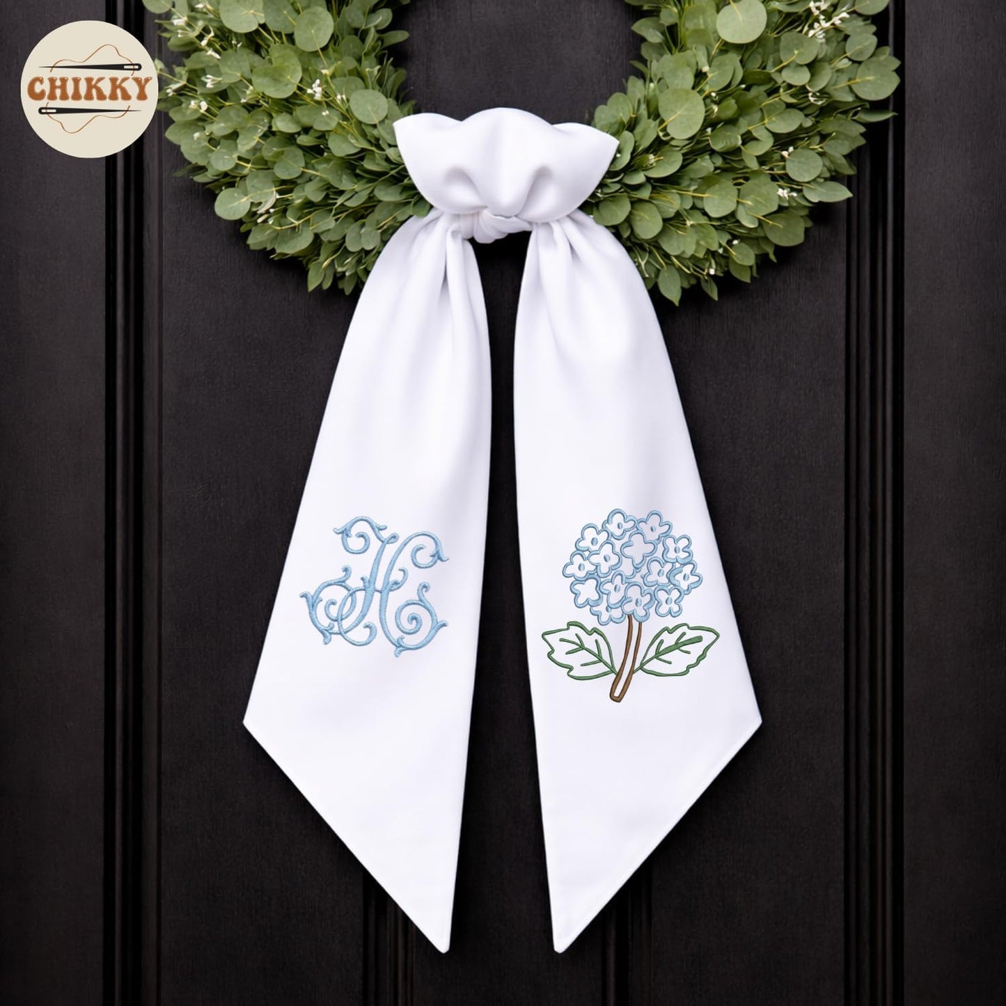 Regine Switzerland Monogram Wreath Sash Bow - Adjustable Farmhouse Door Decor | Hydrangea Design