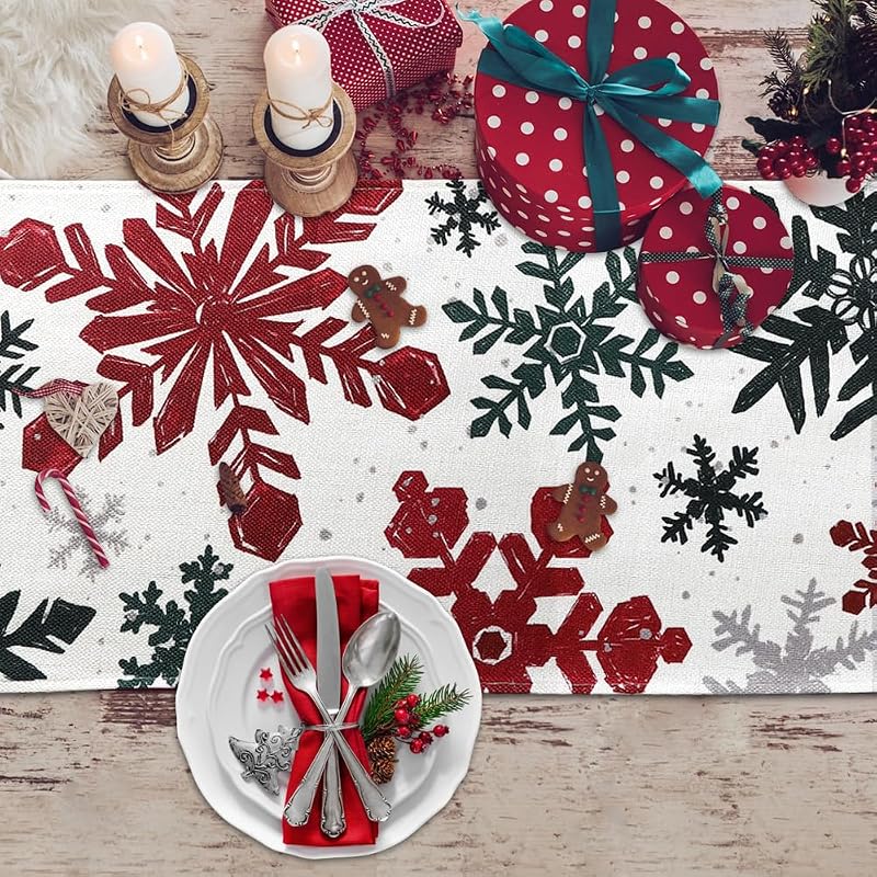 Christmas Winter Table Runner, Red Green Silver Snowflakes 13x72in - Variation: Red Green Silver+13x72in