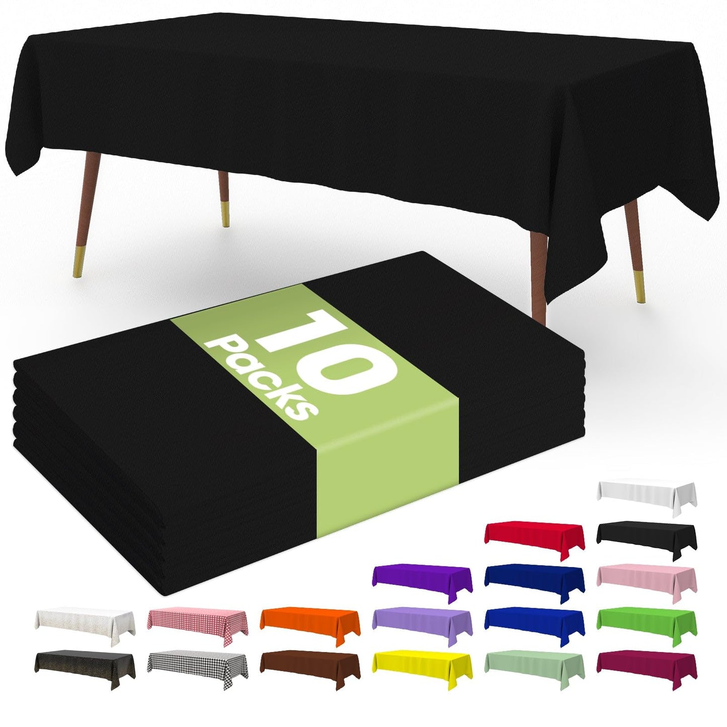 Pureegg Premium Disposable Table Cloth - 10 Pack, 54 x 108 Inch Table Cloths for Parties, Decorative Tablecloths for Rectangle Tables, Black Plastic Table Cover, Leakproof & Sturdy, Black