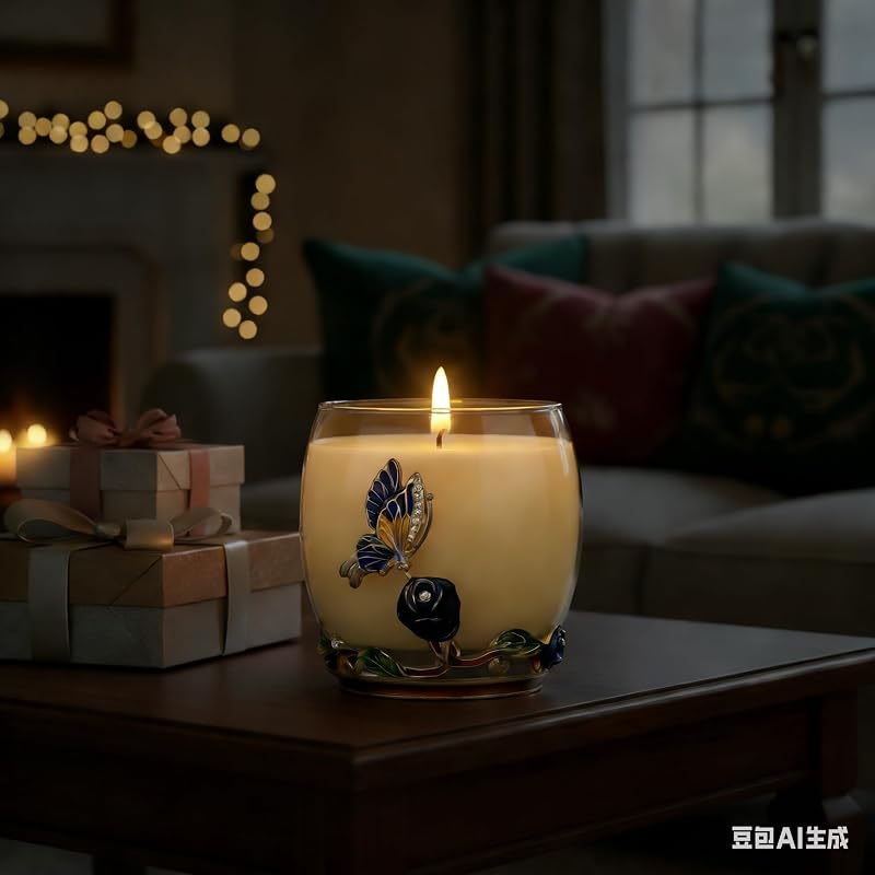 Blue Butterfly Rose Scented Soy Candle – Luxe Glass Jar with Crystal Lid, 60-80 Hr Burn