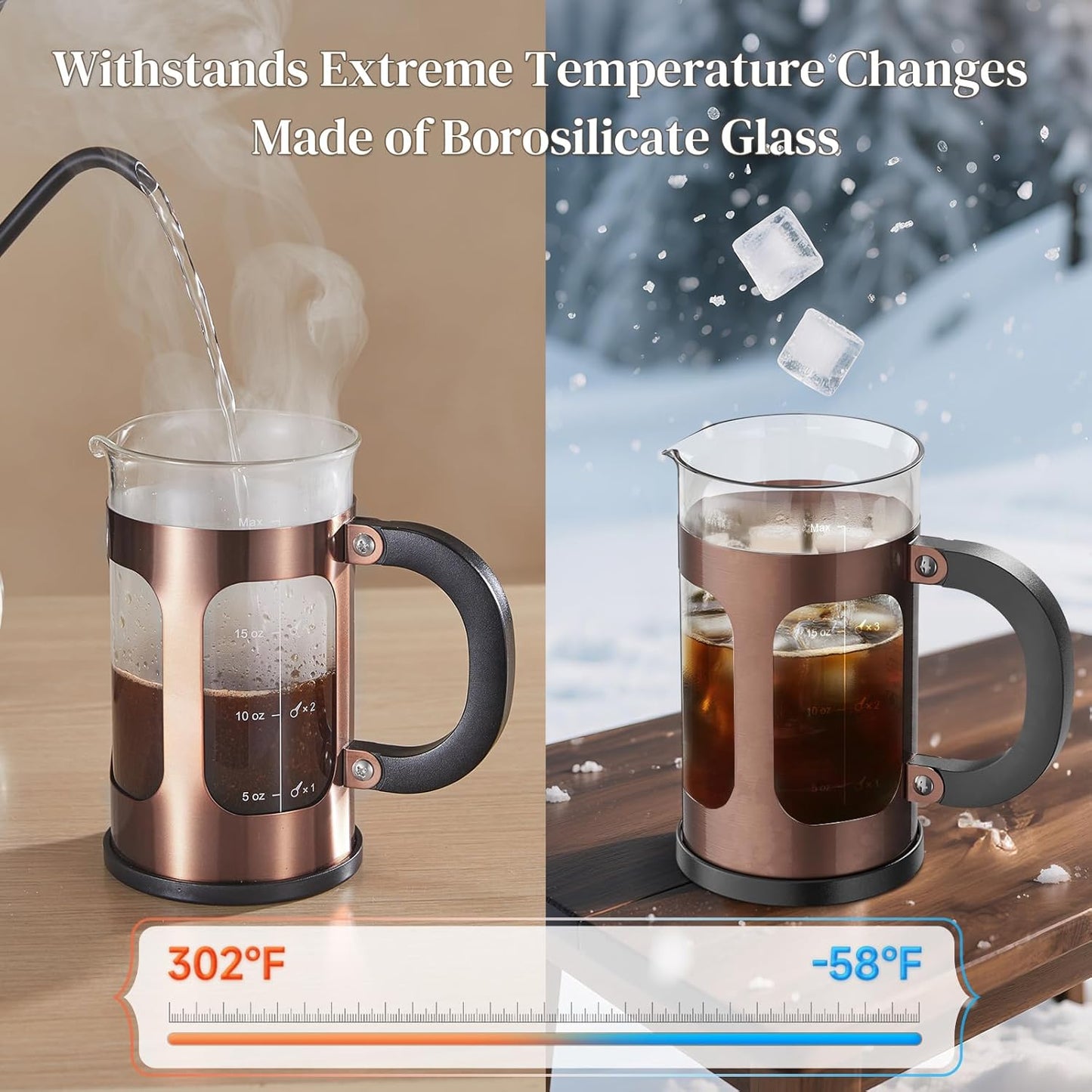 Veken French Press Coffee Maker - 21oz Borosilicate Glass Brewer for Cold Brew & Travel | Copper Finish