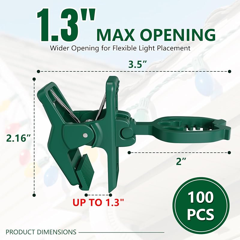 Green 100 Pack KJX Large C7/C9 Christmas Light Spring Clips for Gutters & Roofs