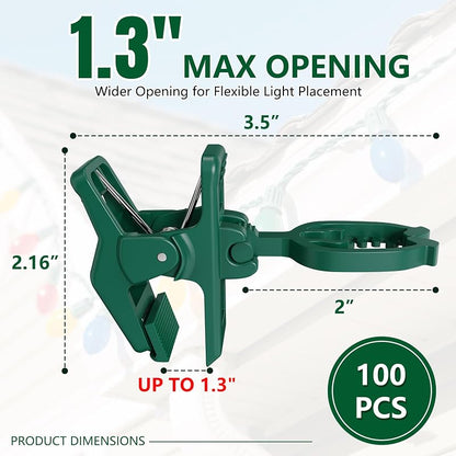 Green 100 Pack KJX Large C7/C9 Christmas Light Spring Clips for Gutters & Roofs