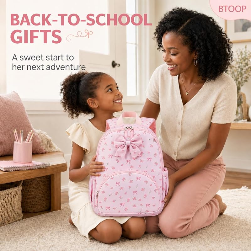 Preschool Backpack for Girls - Pink Floral Bow Kindergarten Bookbag (Variation: Pink Bow)