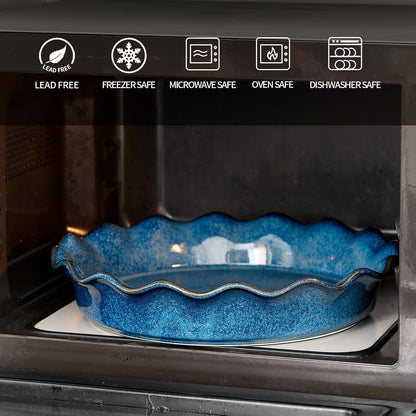 SIDUCAL Ceramic Pie Pan - Reusable Non-Stick Baking Dish with Ruffled Edge | Deep 10.5-Inch Active Blue
