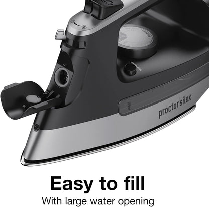 Proctor Silex Steam Iron - 1500 Watts with Stainless Steel Soleplate & 8’ Retractable Cord | Gray & Black