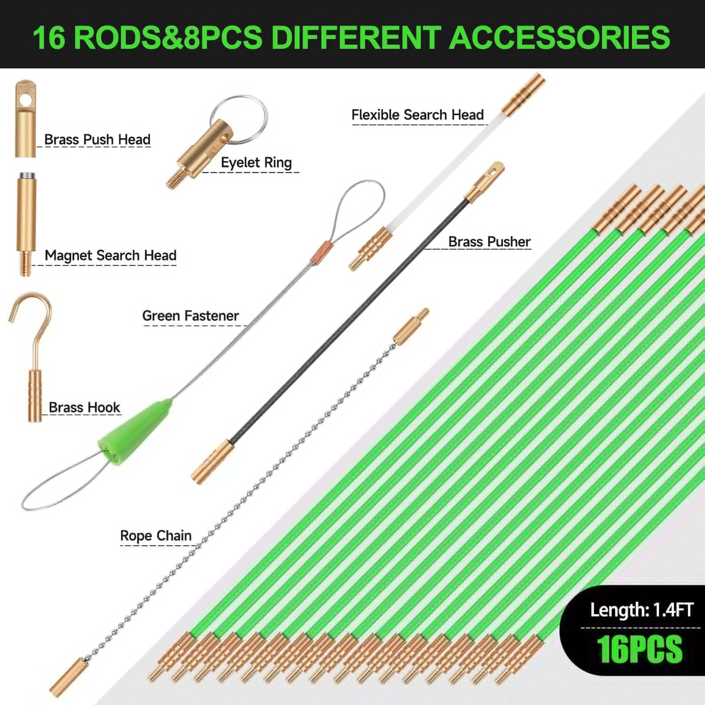 FTIHTRY 22FT Fiberglass Electrical Wire Pulling Rods - Complete Kit with 8 Attachments & Fish Tape