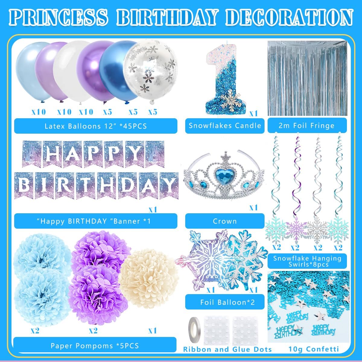 Skiennix Birthday Decorations - Winter Snow 1st Birthday Party Supplies with Balloons, Crown & Banner